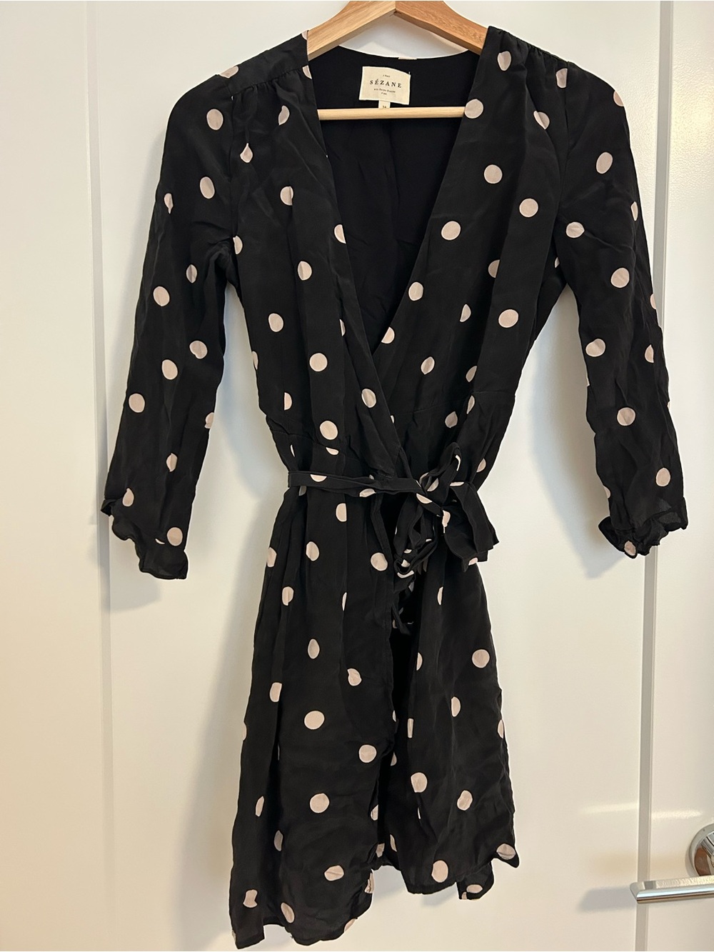 Sezane Black Mini Wrap Dress with Cream Polka Dots